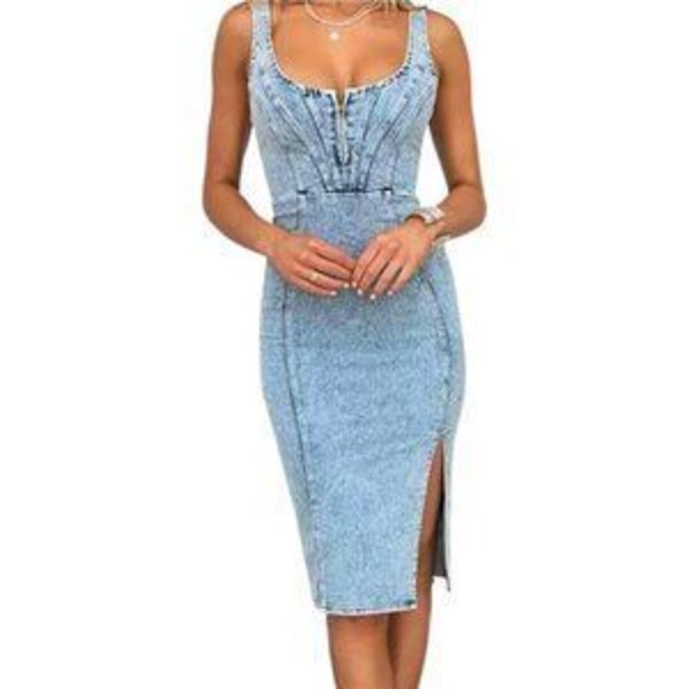 Sexy Light Blue Denim Midi Dress with Side Slit and Scoop Neck XL